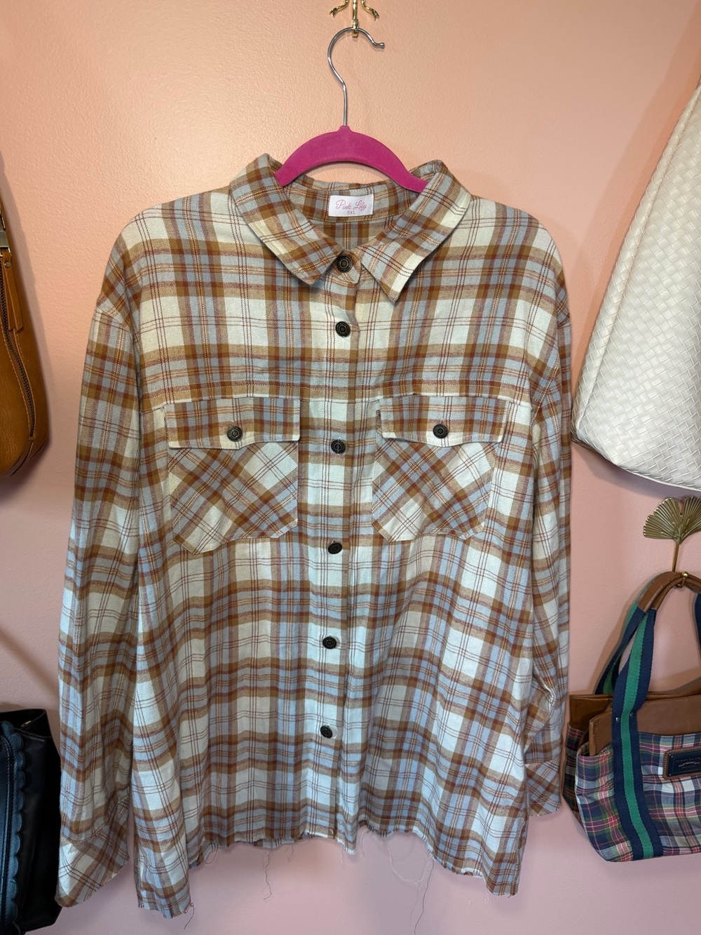 Pink Lily Cream and Brown Plaid Button-Down Shacket